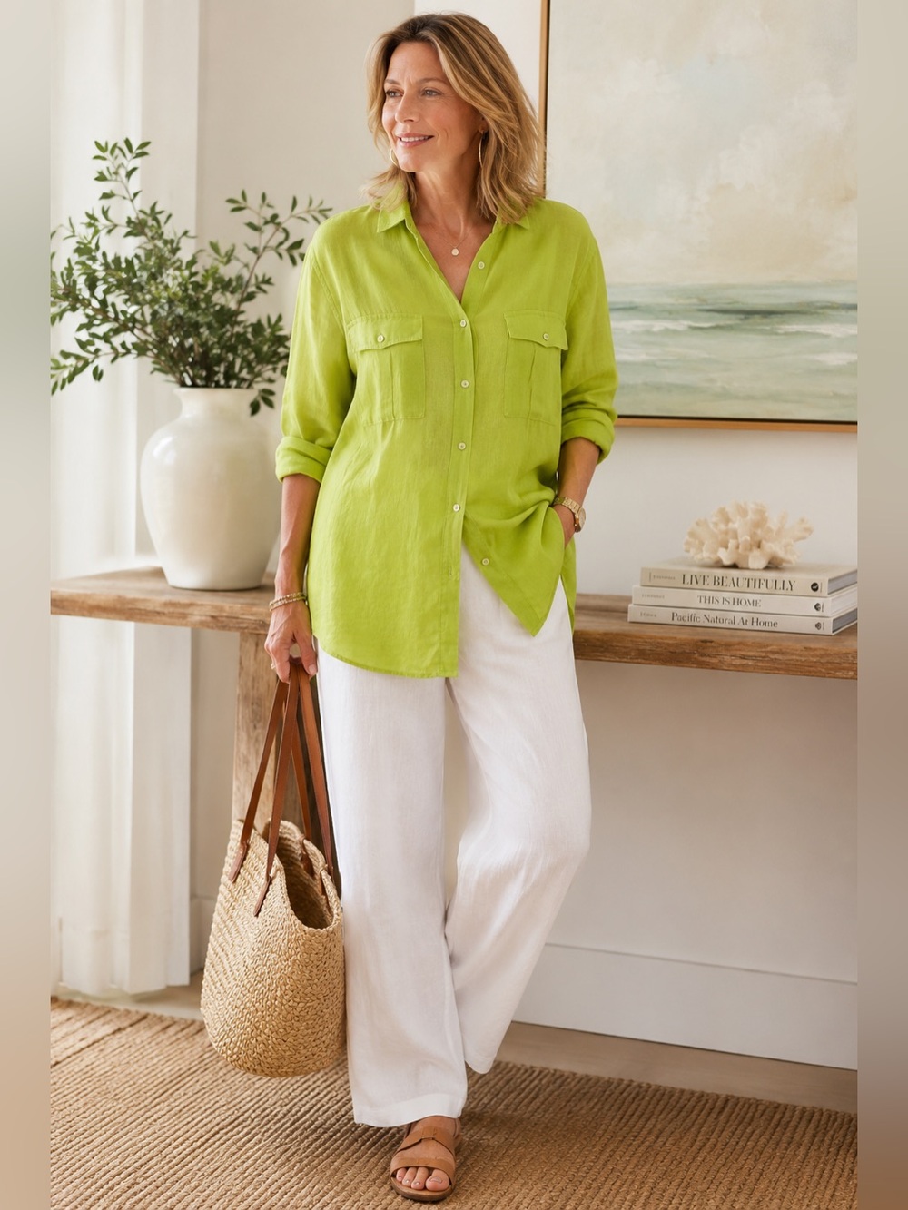Bloomingdale’s 100% Linen Muted Green Oversized Tunic Shirt Large